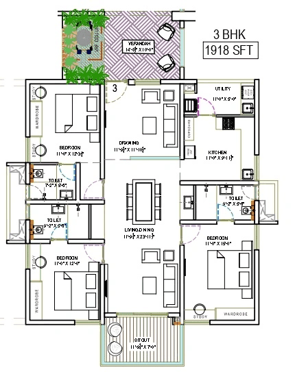 The Sky 49 by Ananda Prosper Unit plan - 1342 sq.ft.