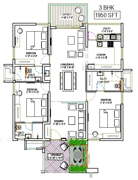 The Sky 49 by Ananda Prosper Unit plan - 1365 sq.ft.