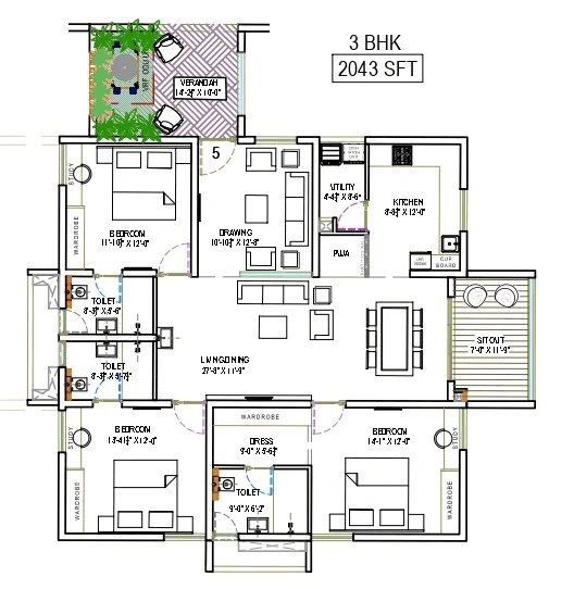 The Sky 49 by Ananda Prosper Unit plan - 1430 sq.ft.
