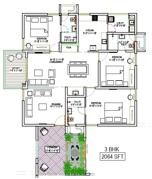 The Sky 49 by Ananda Prosper Unit plan - 1444 sq.ft.