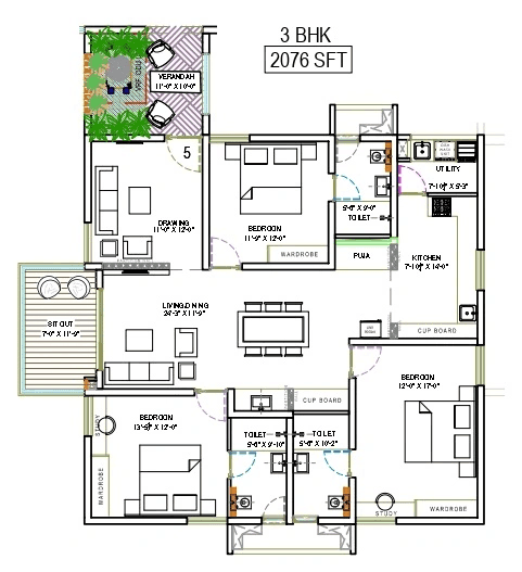 The Sky 49 by Ananda Prosper Unit plan - 1453 sq.ft.