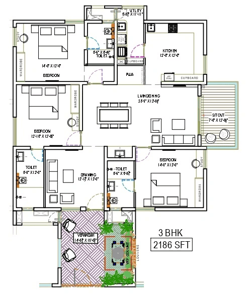The Sky 49 by Ananda Prosper Unit plan - 1530 sq.ft.