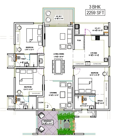 The Sky 49 by Ananda Prosper Unit plan - 1581 sq.ft.