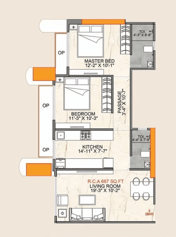 One Vara Unit plan - 667 sq.ft.