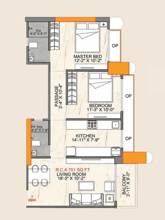 One Vara Unit plan - 701 sq.ft.