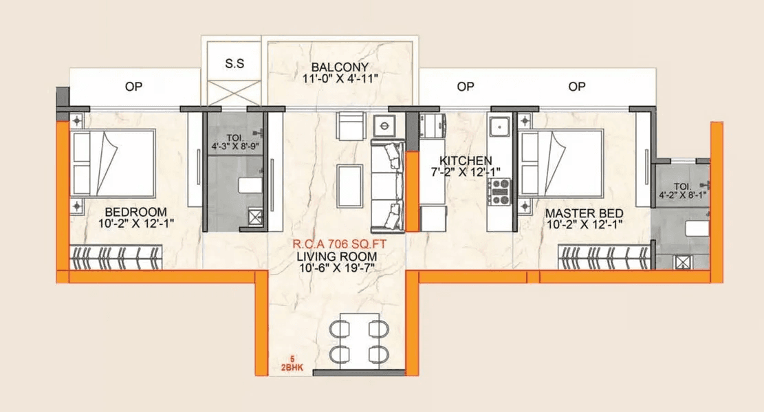 One Vara Unit plan - 706 sq.ft.