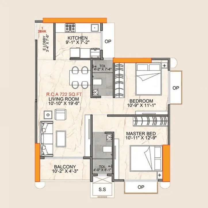 One Vara Unit plan - 722 sq.ft.