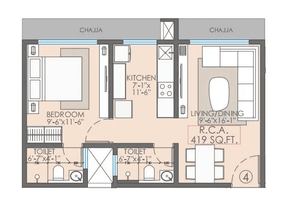 Nutan Dahisar Unit plan - 419 sq.ft.