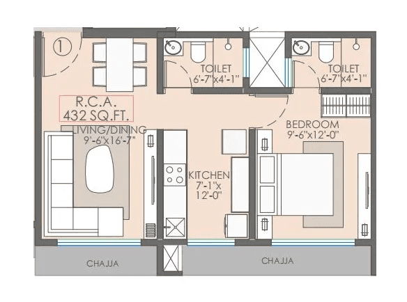 Nutan Dahisar Unit plan - 432 sq.ft.