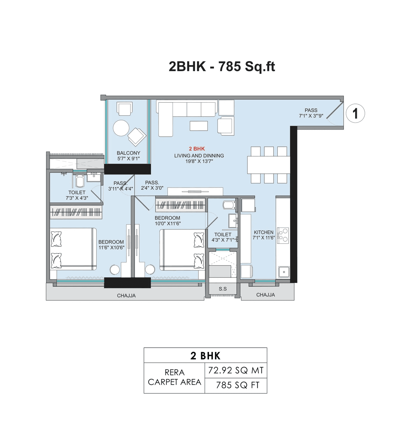Sumit KMR Param Unit plan - 785 sq.ft.