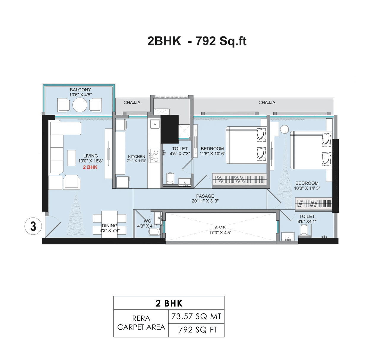 Sumit Sky World Unit plan - 792 sq.ft.