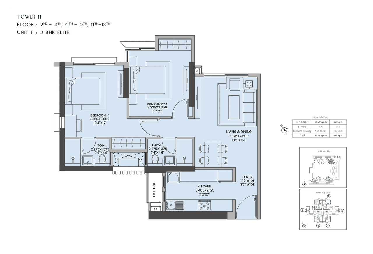 K Raheja Jade City Unit plan - 663 sq.ft.