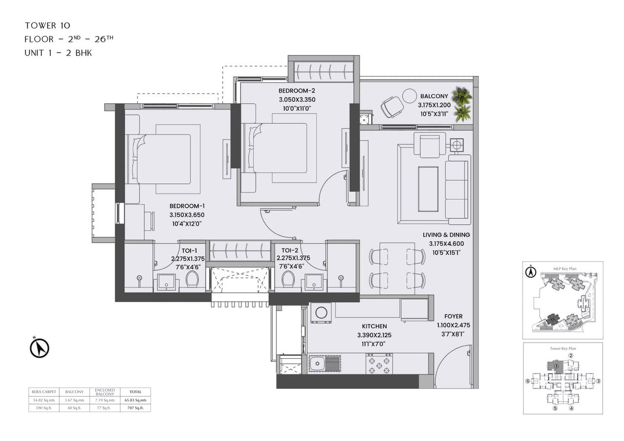 K Raheja Jade City Unit plan - 707 sq.ft.