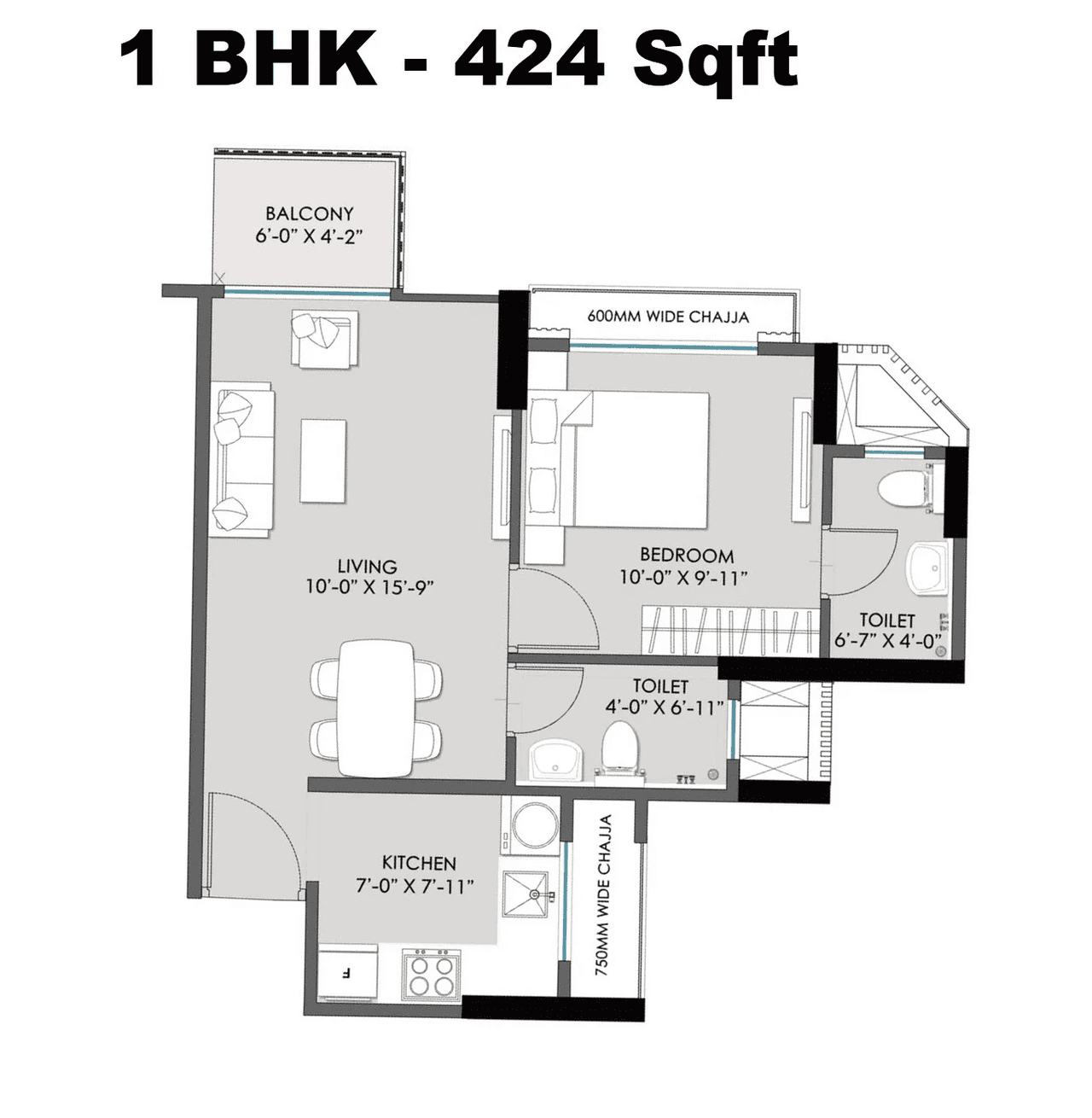 Khandelwal Nirvaan Crest Unit plan - 424 sq.ft.