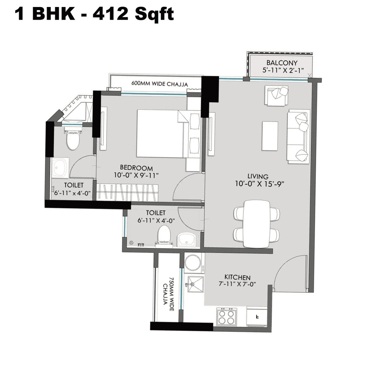 Khandelwal Nirvaan Crest Unit plan - 412 sq.ft.