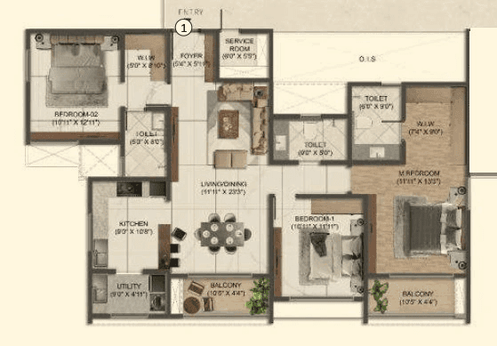 Sumadhura Solace Unit plan - 1349 sq.ft.