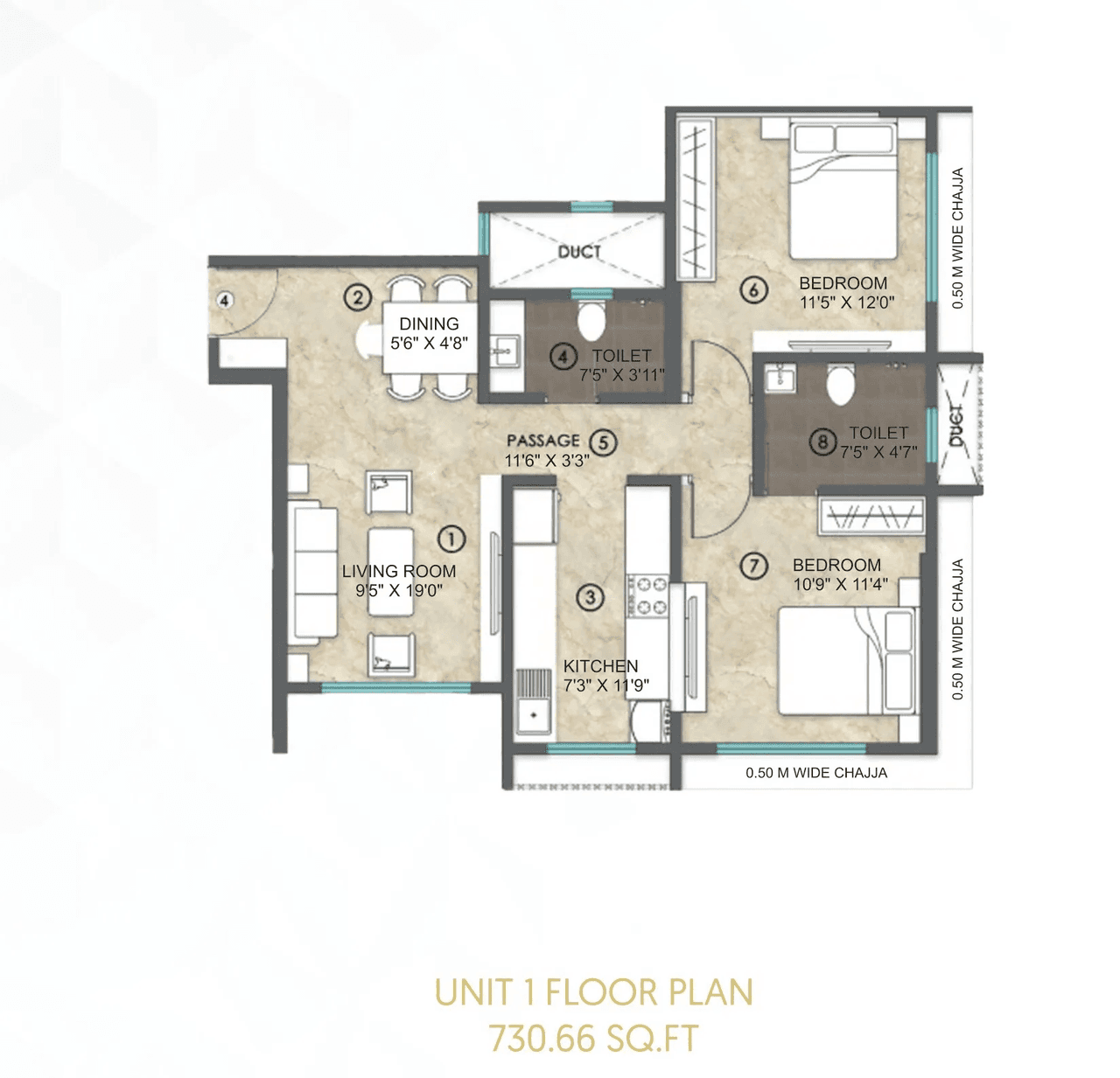 Infra Azura Heights Unit plan - 730 sq.ft.