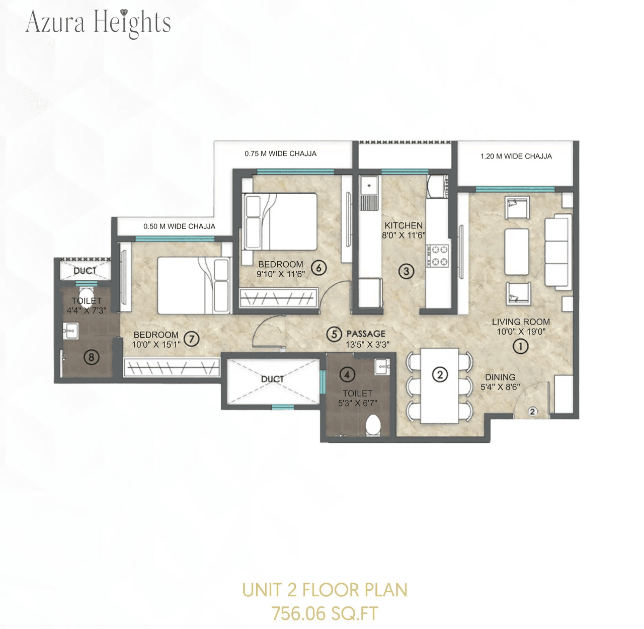 Infra Azura Heights Unit plan - 756 sq.ft.