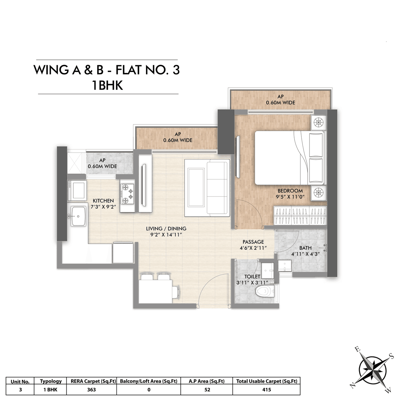 Amar Galaxy Phase 2 Unit plan - 415 sq.ft.
