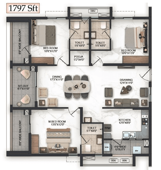 Pavani Felicity Unit plan - 1384 sq.ft.