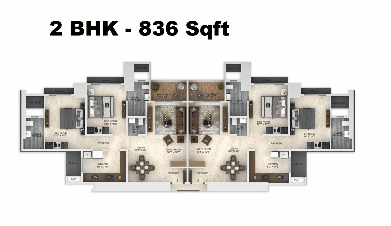 Dimple 73 East Unit plan - 836 sq.ft.