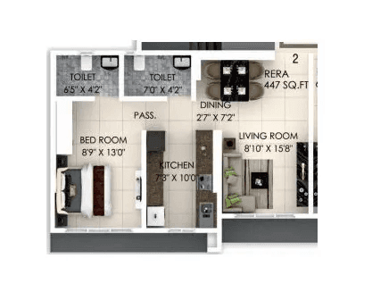 Dimple Westwood Unit plan - 447 sq.ft.
