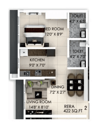 Dimple Westwood Unit plan - 422 sq.ft.