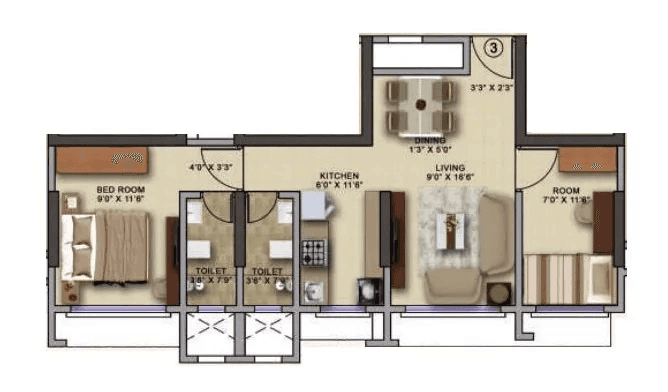 Confiable Prerana Unit plan - 529 sq.ft.