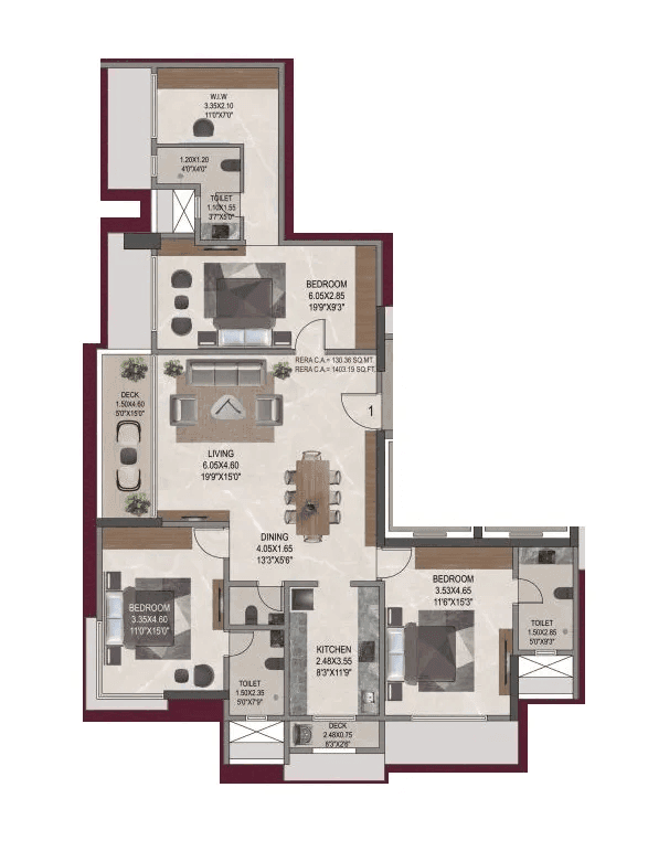 Sahakar The Vibe Unit plan - 1403 sq.ft.