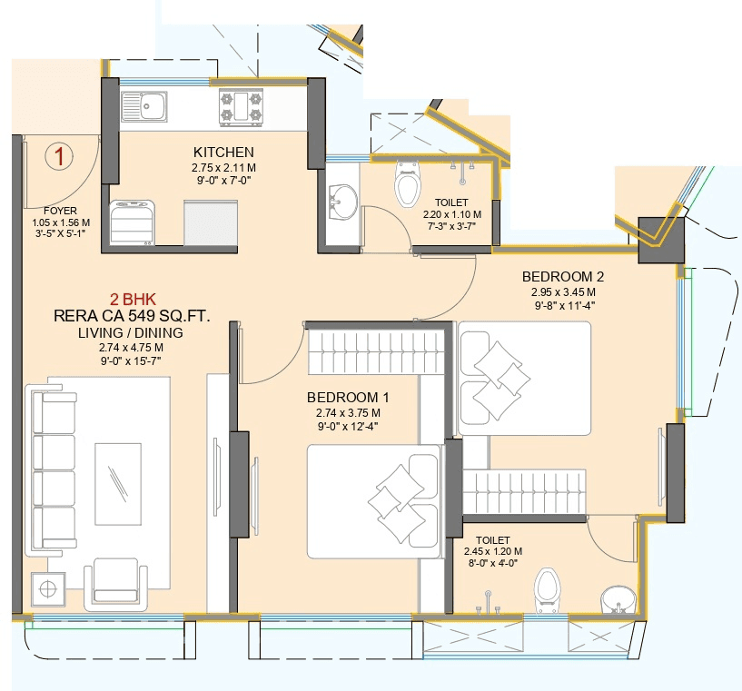 Sayba Royal Unit plan - 549 sq.ft.