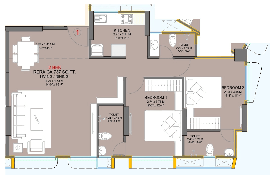 Sayba Royal Unit plan - 737 sq.ft.