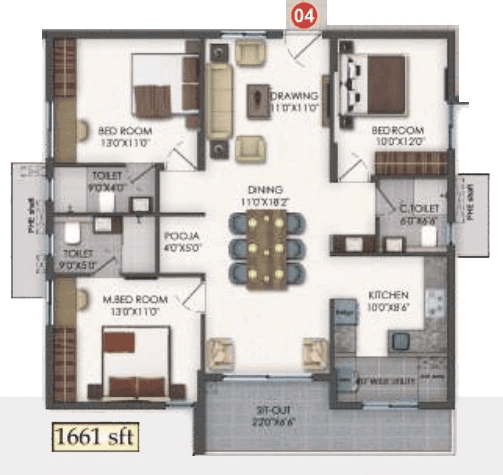 Bhavya Tulasivanam Aarna Unit plan - 1077 sq.ft.
