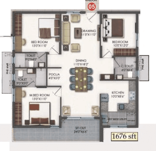 Bhavya Tulasivanam Aarna Unit plan - 1077 sq.ft.