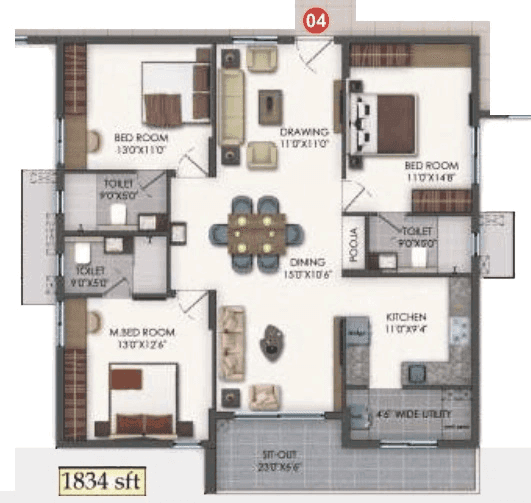 Bhavya Tulasivanam Aarna Unit plan - 1203 sq.ft.