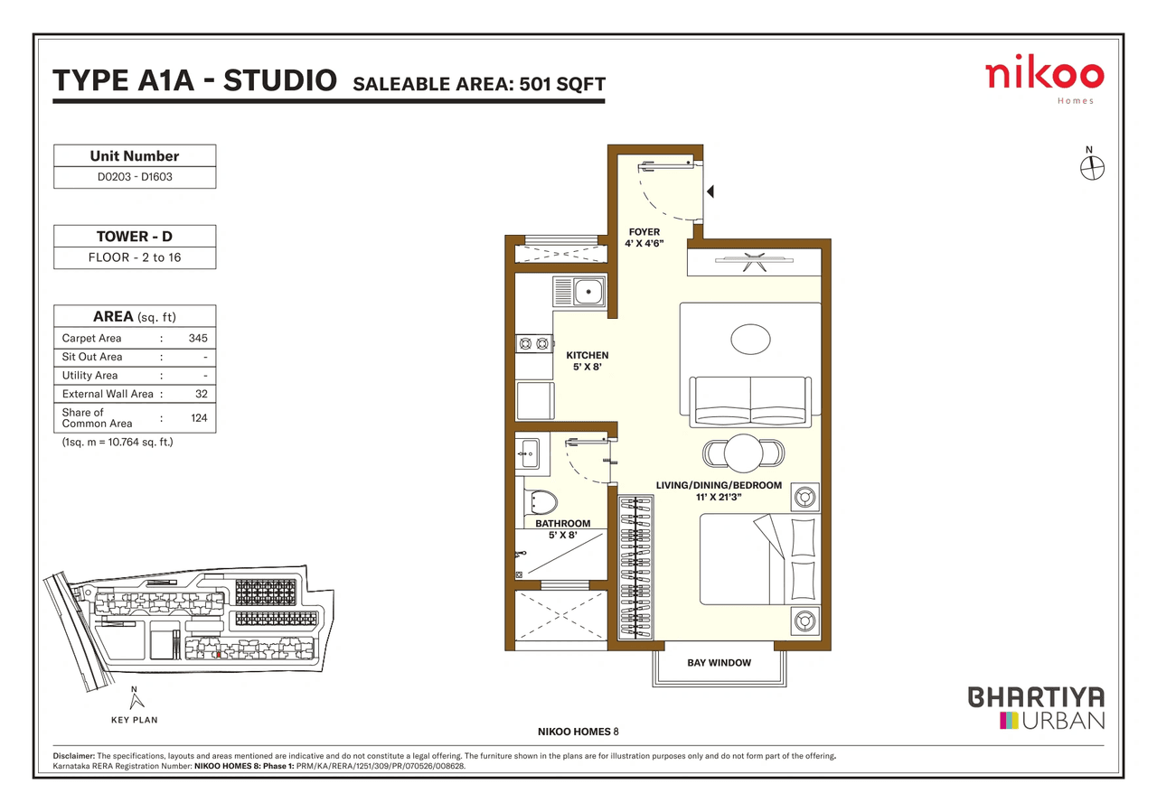 Bhartiya Nikoo Homes 8 Unit plan - 345 sq.ft.
