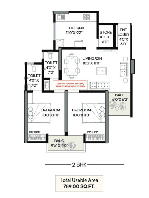 Aakar Topaz Tower Unit plan - 789 sq.ft.