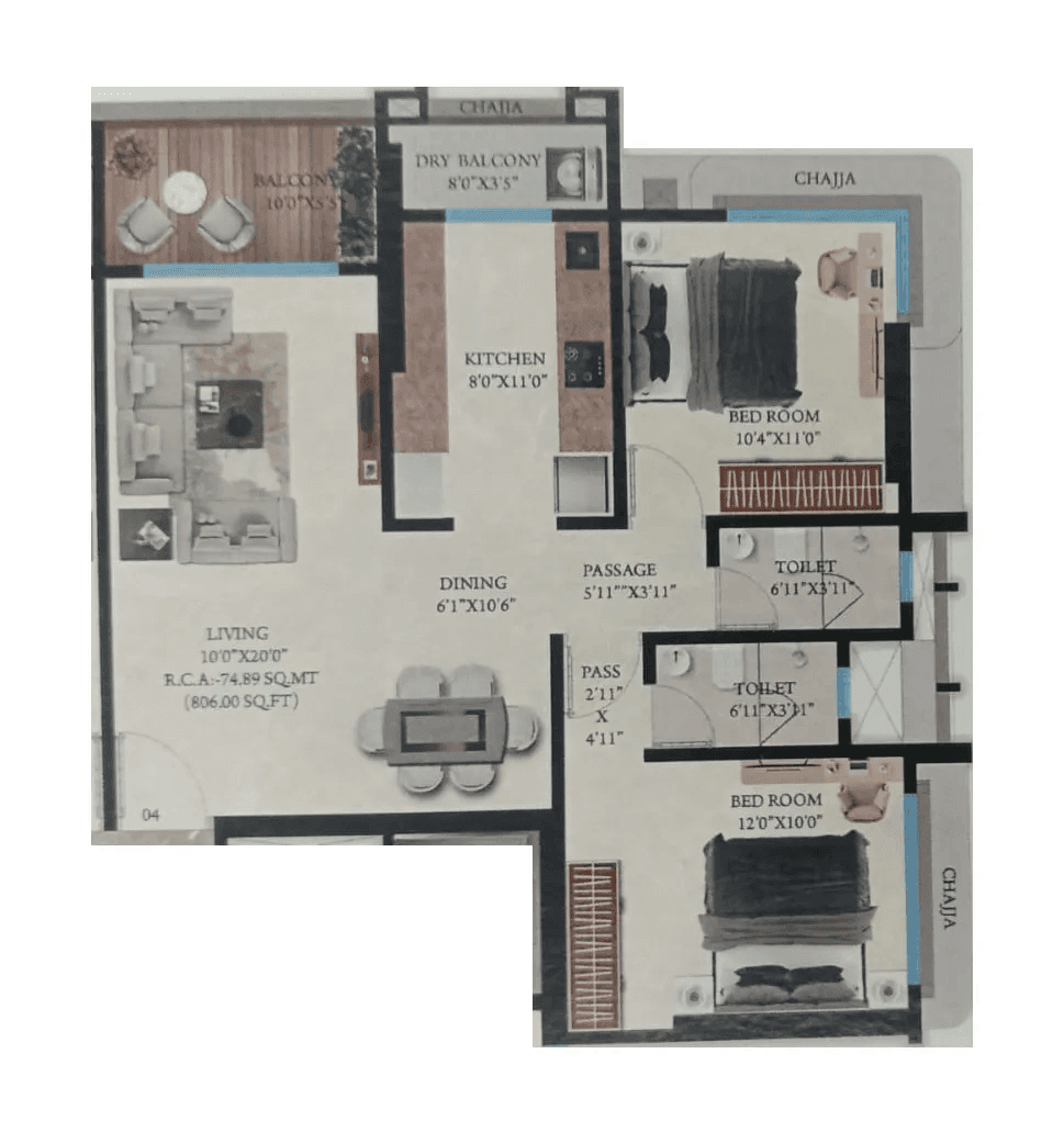 Swami Tulip Tower Unit plan - 806 sq.ft.