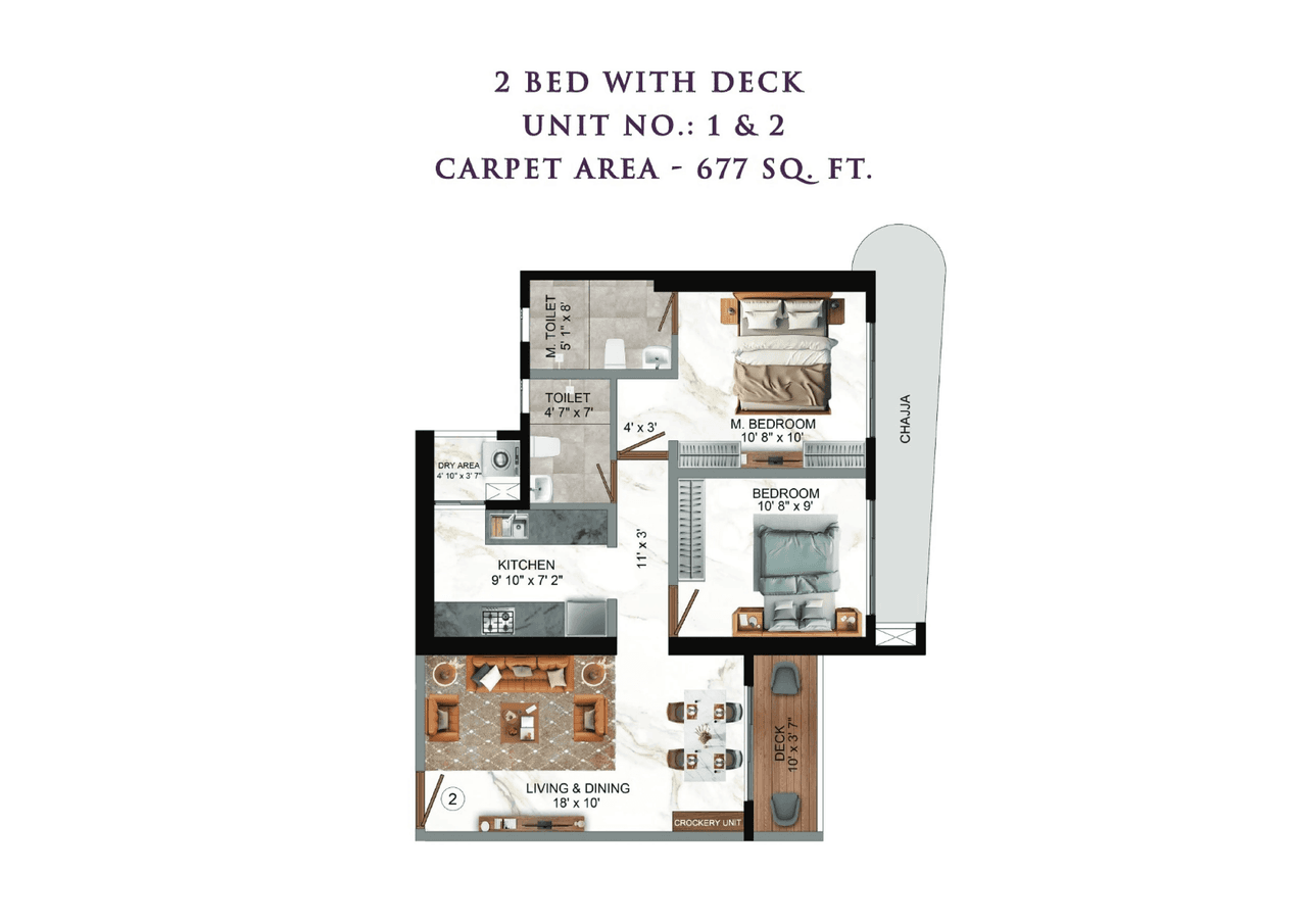 Right Channel Tower 28 Unit plan - 677 sq.ft.