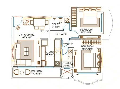 Amar Devendra Unit plan - 728 sq.ft.