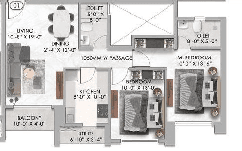 Ajmera Manhattan Unit plan - 851 sq.ft.