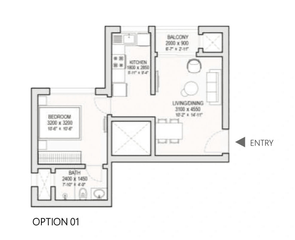Sobha one World Unit plan - 444 sq.ft.