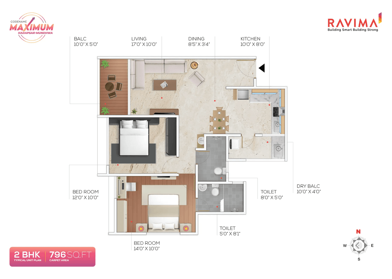 Ravima Newton Homes Mundhwa Unit plan - 796 sq.ft.