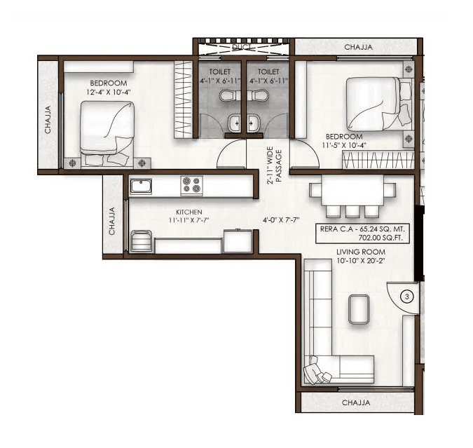 PCPL 42 Aura Unit plan - 702 sq.ft.