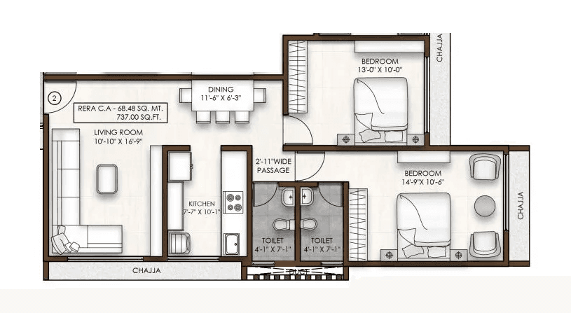 PCPL 42 Aura Unit plan - 737 sq.ft.