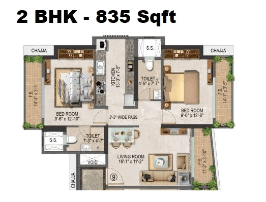 Salasar Sparsh Unit plan - 835 sq.ft.