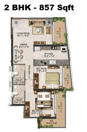 Salasar Sparsh Unit plan - 857 sq.ft.
