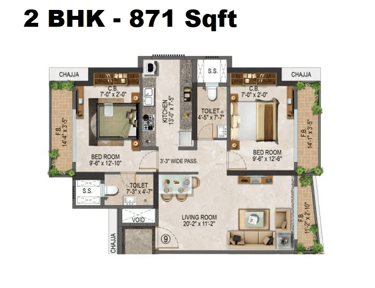 Salasar Sparsh Unit plan - 871 sq.ft.