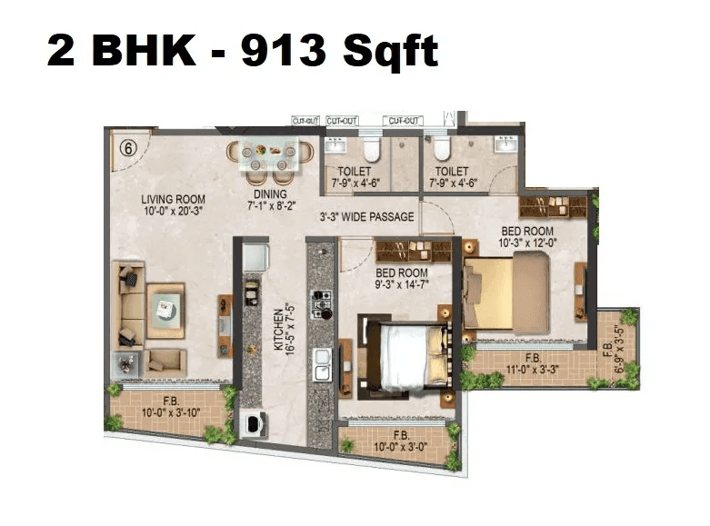 Salasar Sparsh Unit plan - 913 sq.ft.