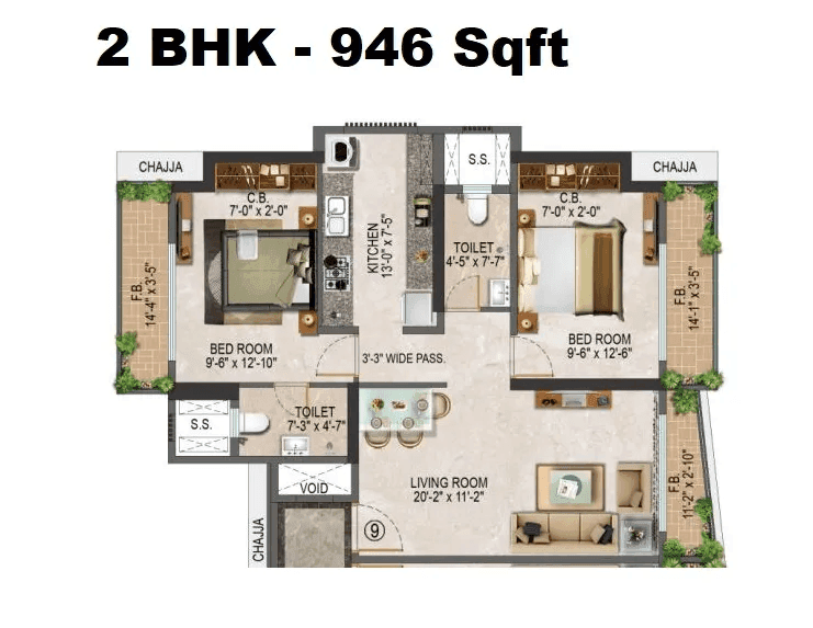 Salasar Sparsh Unit plan - 946 sq.ft.