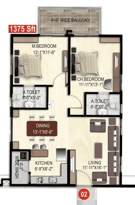 The Drizzle Unit plan - 962 sq.ft.